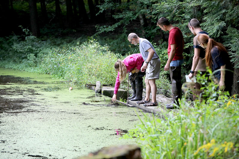 Students and faculty taking water sample outdoors