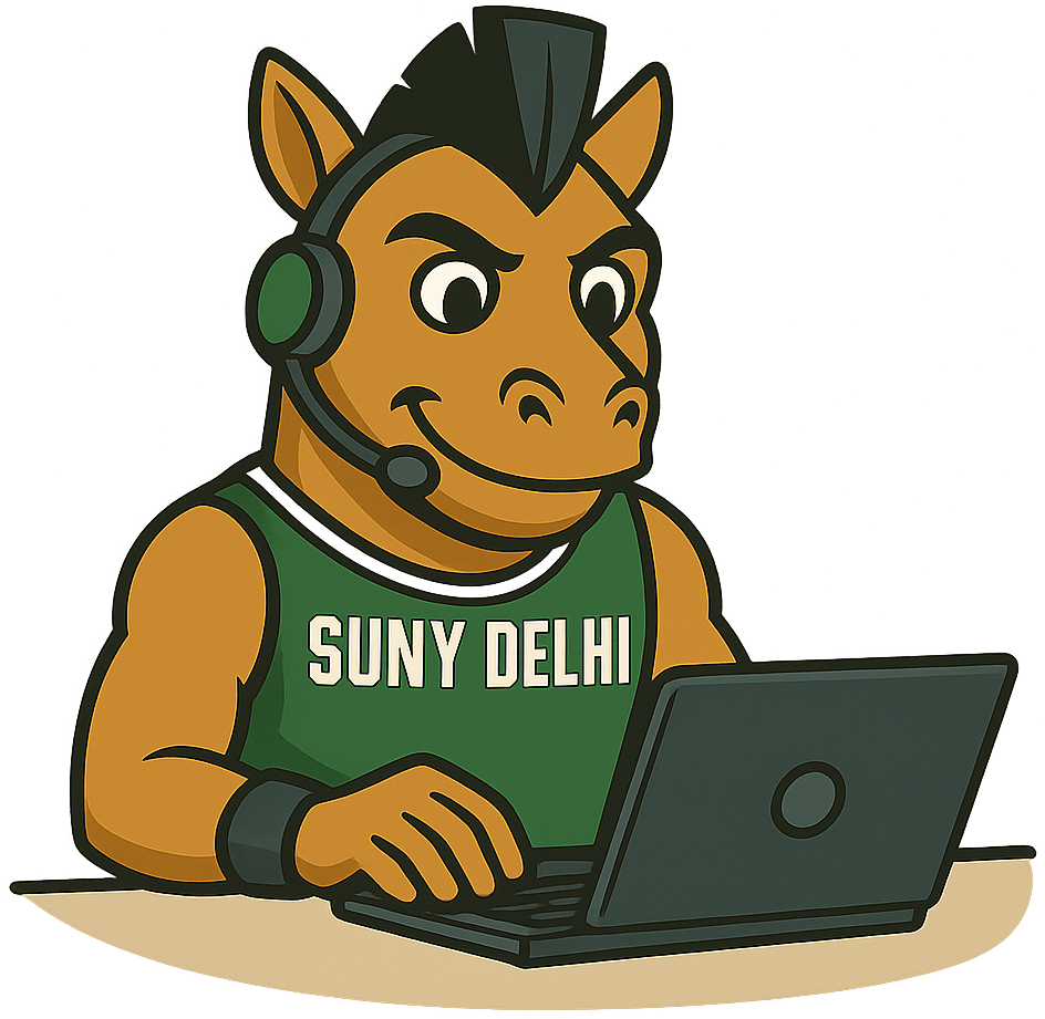 Cartoon Bronco Mascot typing on a laptop computer