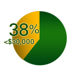 Pie Char of house holds with income less than 38%  <$30,000