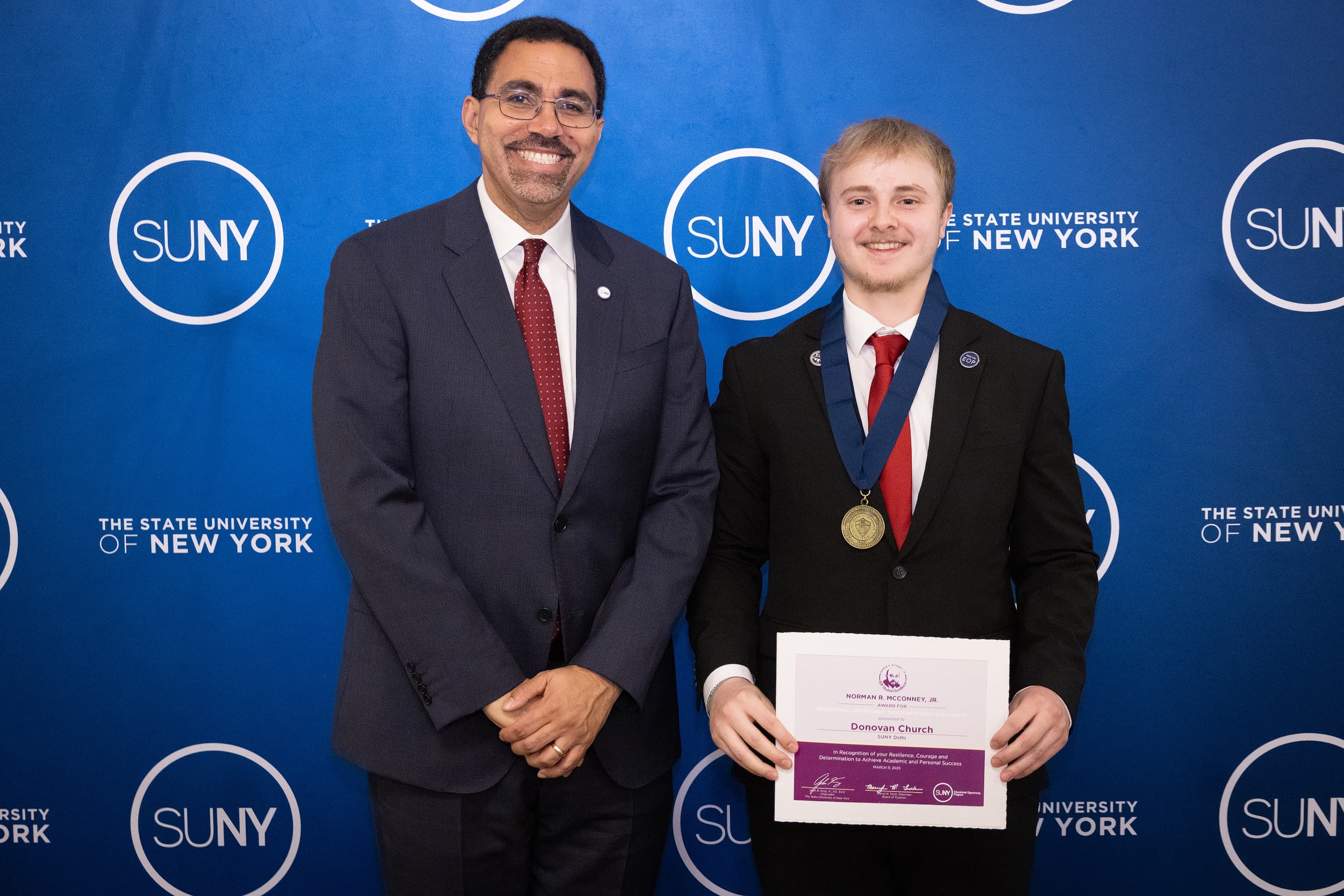 SUNY Chancellor John B. King, Jr. with SUNY Delhi construction management major Donovan Church at the 2025 Norman R. McConney Jr. Award for Student Excellence Awards reception earlier this month.
