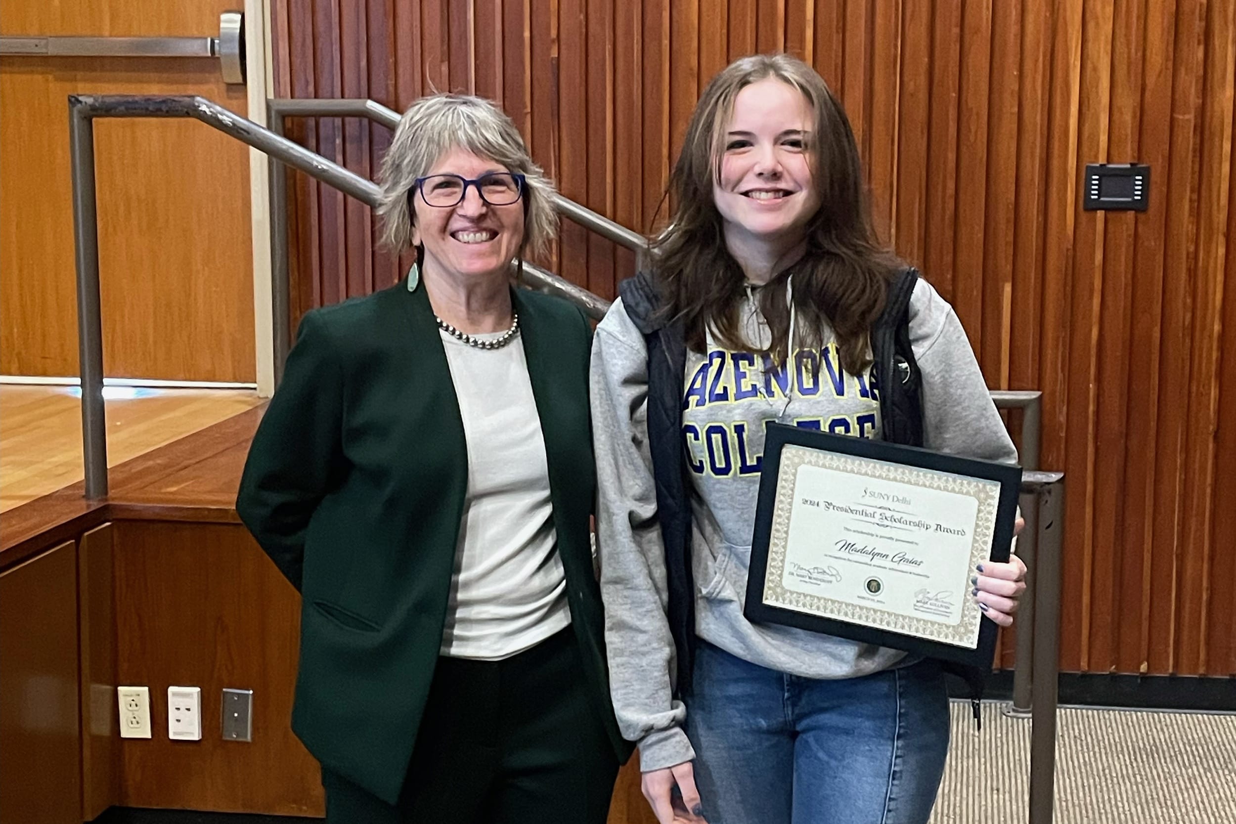 Madalynn Gaias with SUNY Delhi Acting President Mary Bonderoff