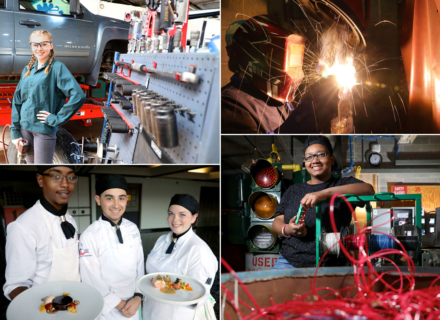 Collage of a female mechanic, a welder, a female electrician and a group of culinary arts students