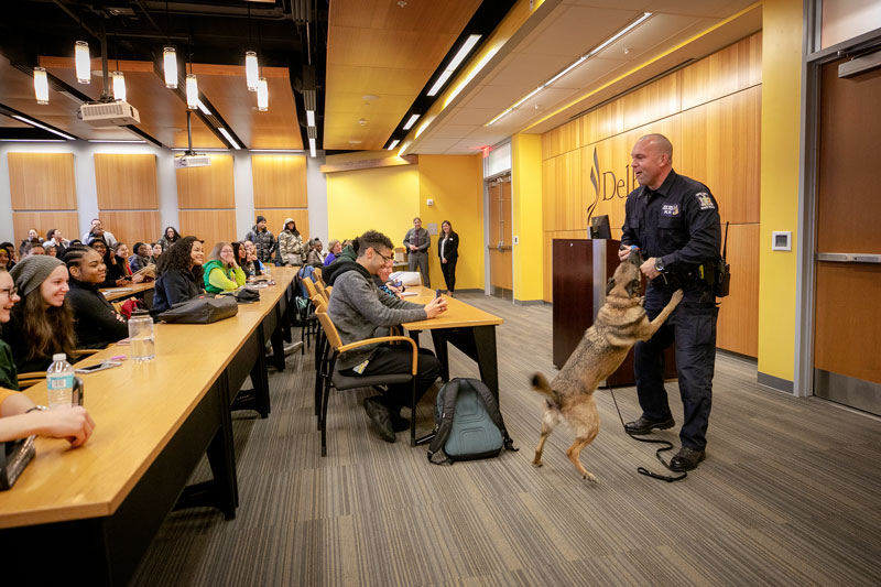 Criminal Justice Classroom with Officer and K-9 companion