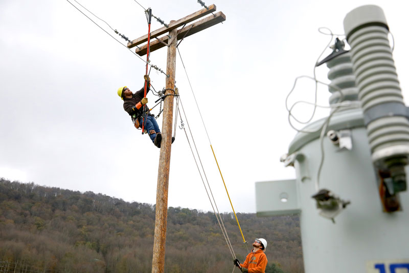 Student climbing utility pole