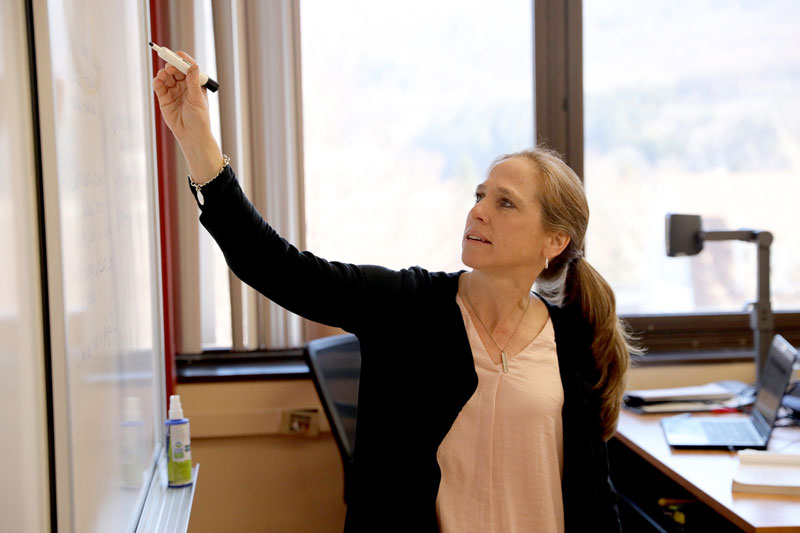 Faculty member writing on board