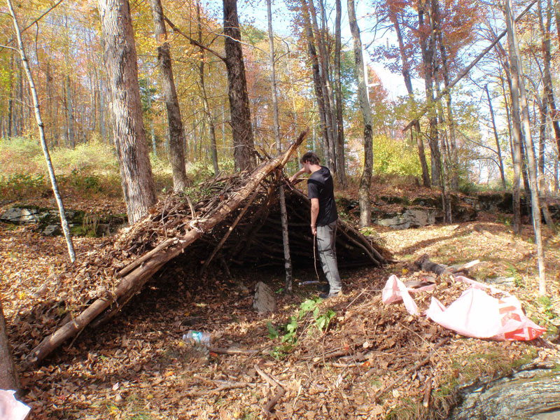 Student building outdoor shelter in the woods
