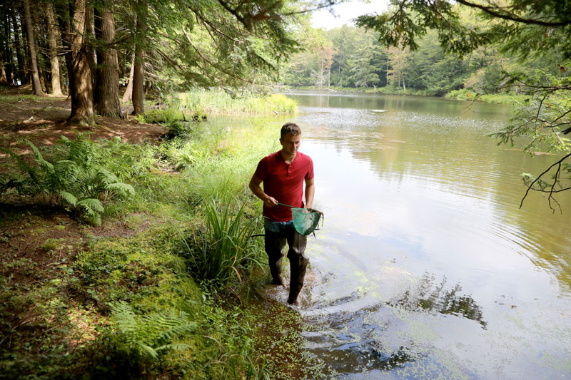 Student with net walking along edge of water