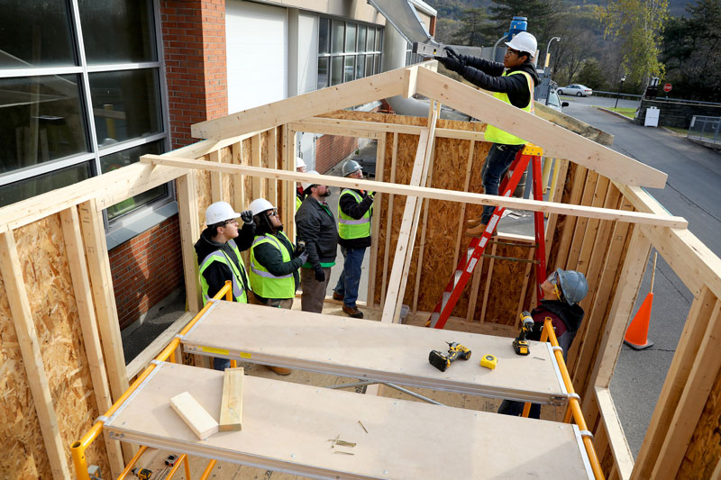 Students working on construction project