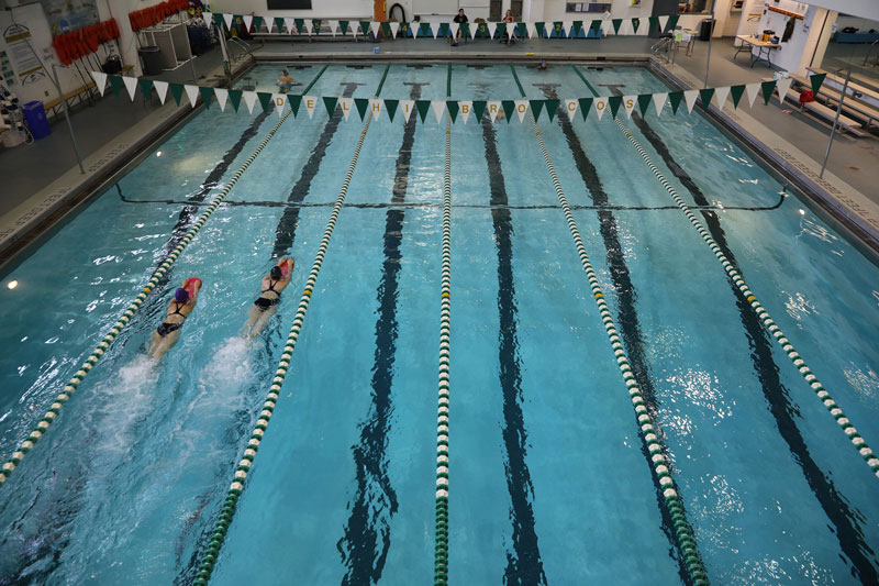 Students swimming laps in pool