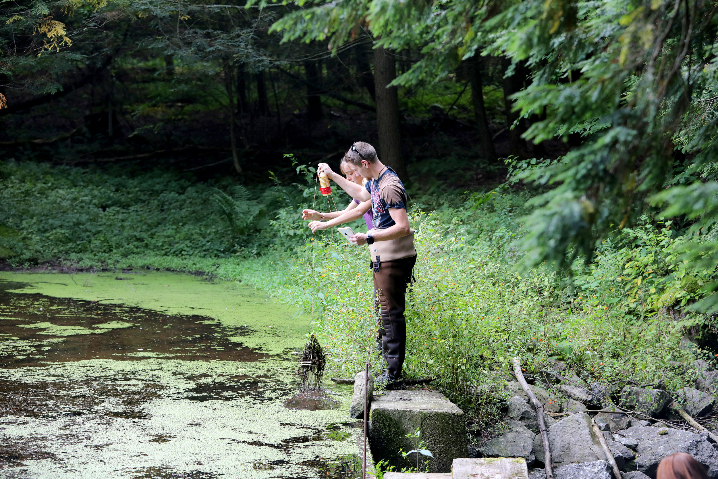 Students standing beside stream