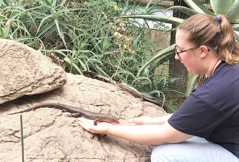 Student holding small lizard on rock in South Africa