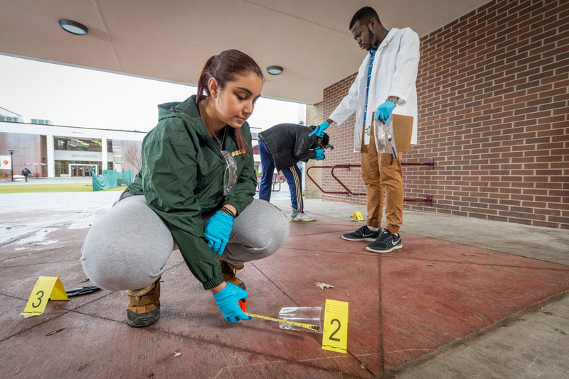 Criminal justice students learning how to collect evidence outdoors