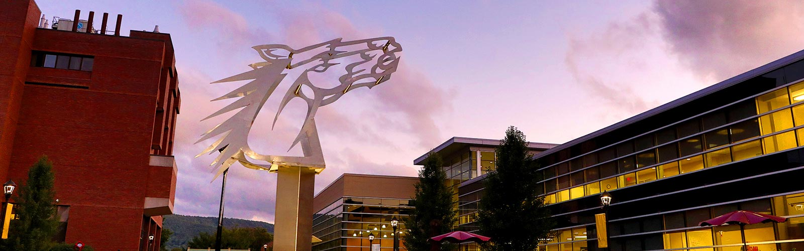 Bronco statue in the Agora at dusk