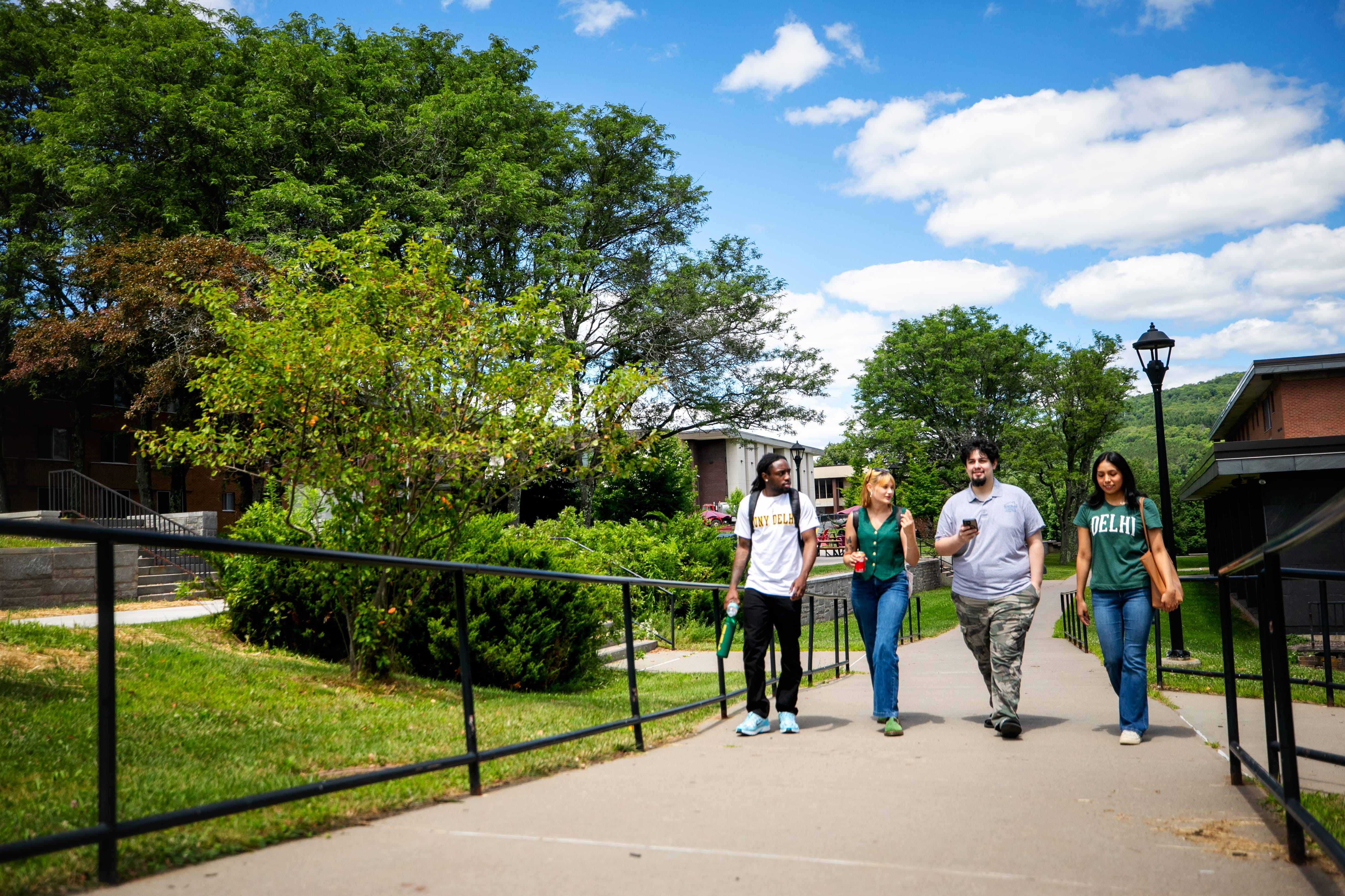 Four college students walk together on a sunny campus path, surrounded by trees and buildings.