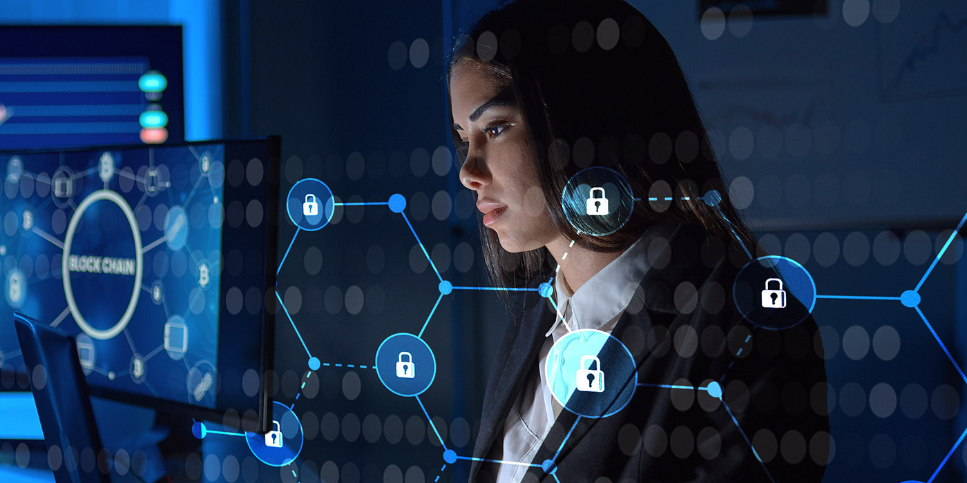 Girl with blue technology code overlay