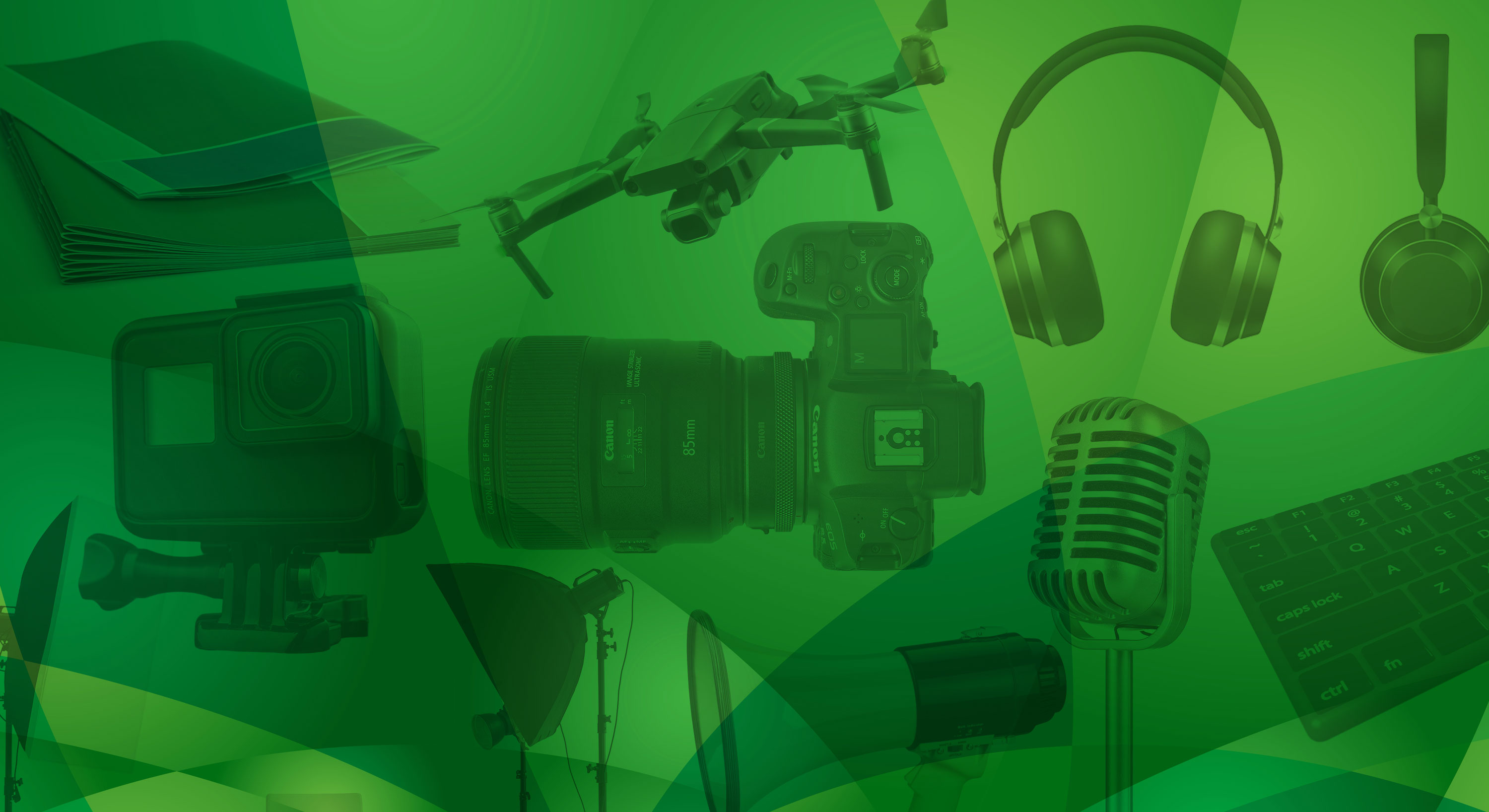 Assorted media equipment including a camera, microphone, headphones, a drone, lights, and a keyboard on a green background.