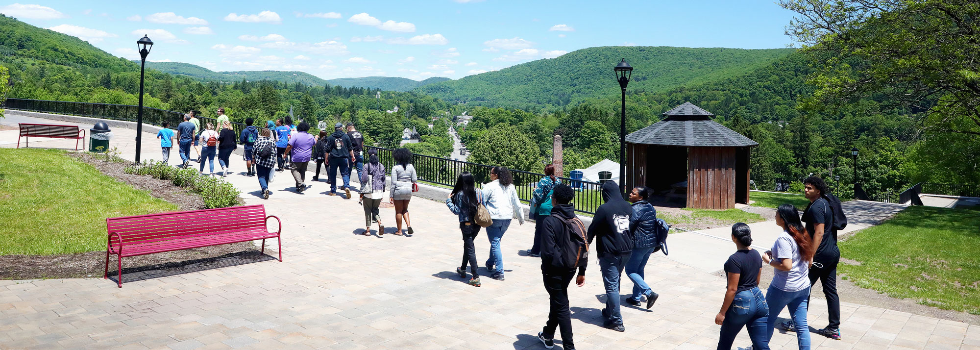 Students being led through campus